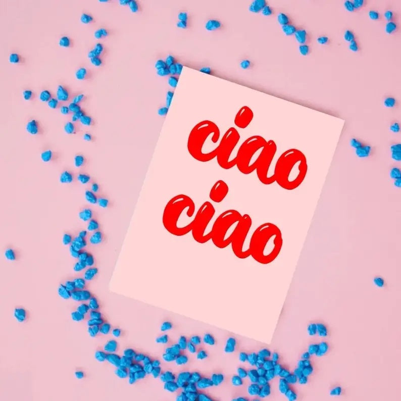 Pinkillä pohjalla pinkki Ciao Ciao postikortti.
