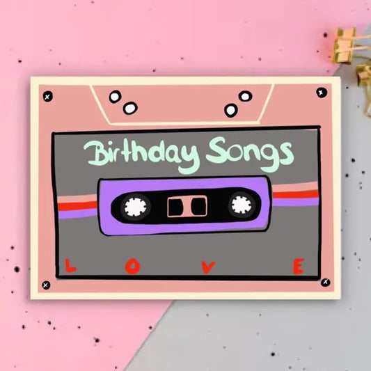 Synttärikortti kasettikuvalla.