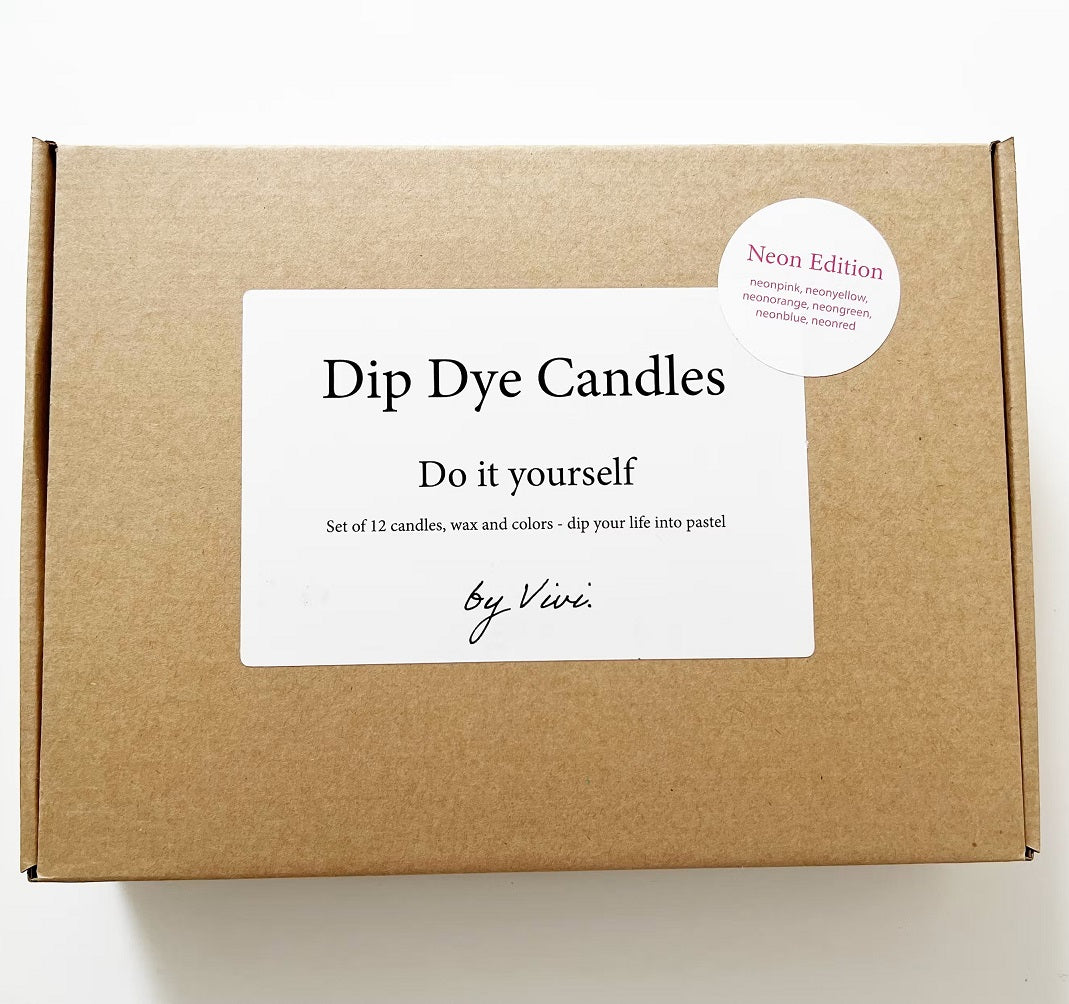 Tuotekuva DIY-boksi: Dip Dye kynttiläsetti neonväreissä pakkaus.